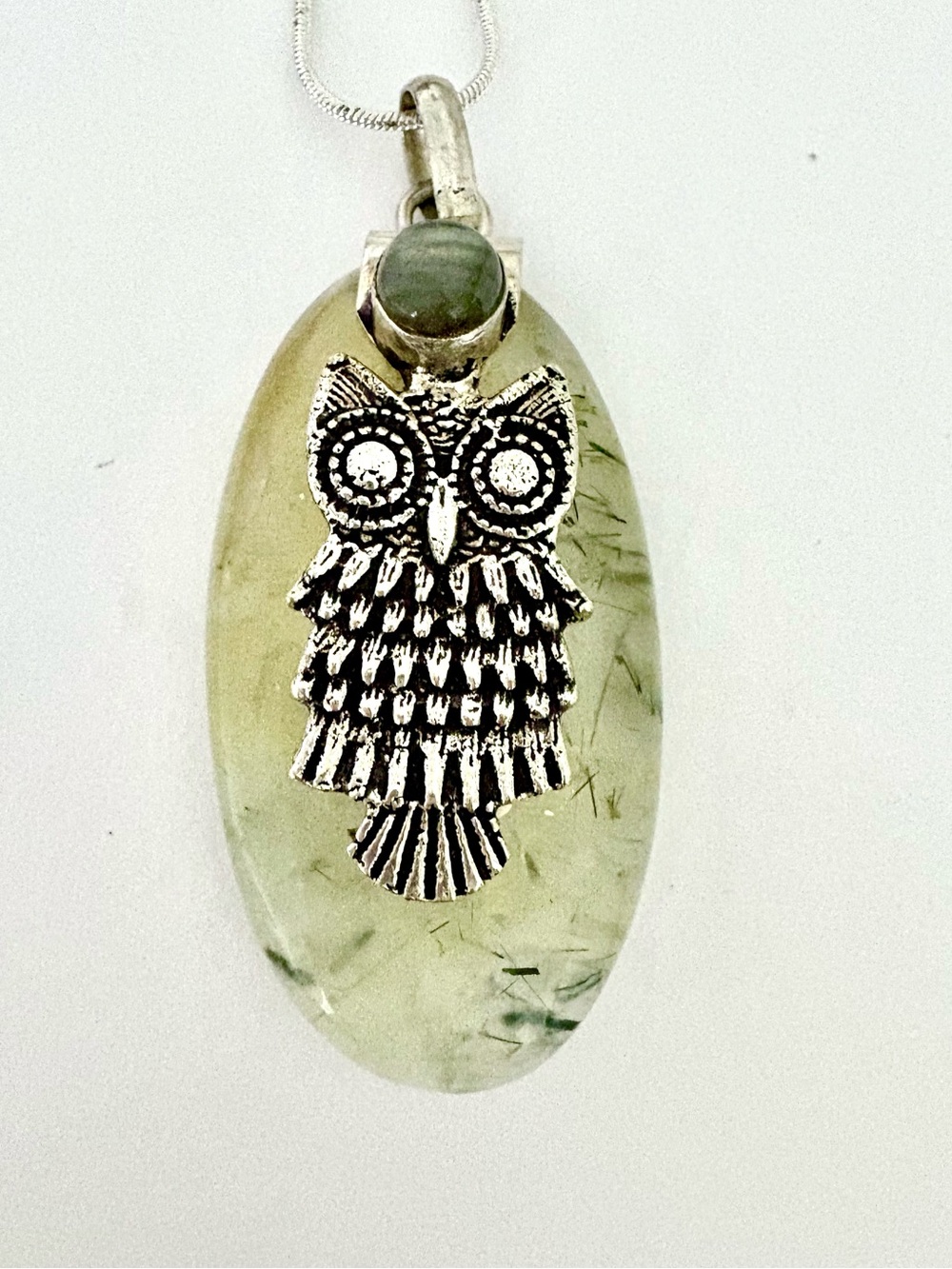 2 1/2 inch, 925 marked, Prehnite and Labradorite, with owl on the front